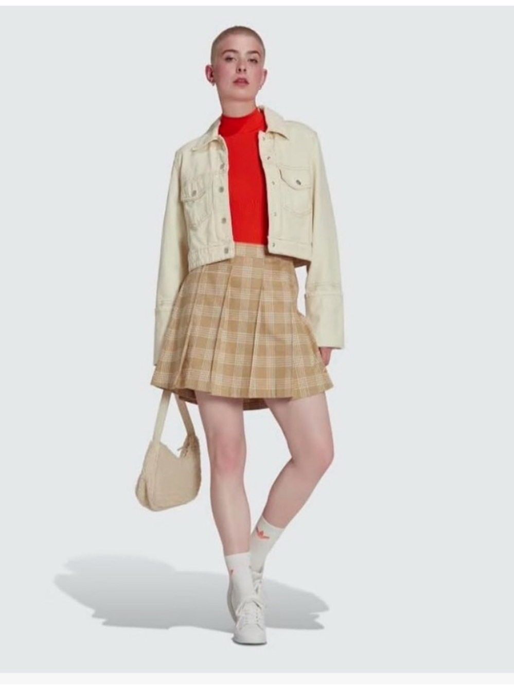 Adidas Beige Plaid Pleated Skirt with Orange Trim
